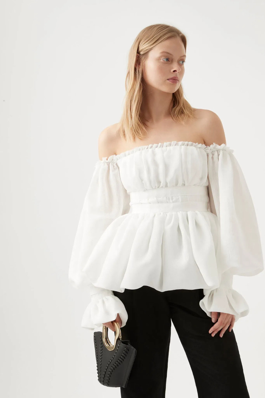 AJE Divine Off Shoulder White Long Sleeve Smocked Bodice Flared Cuffs Top Sz 10
